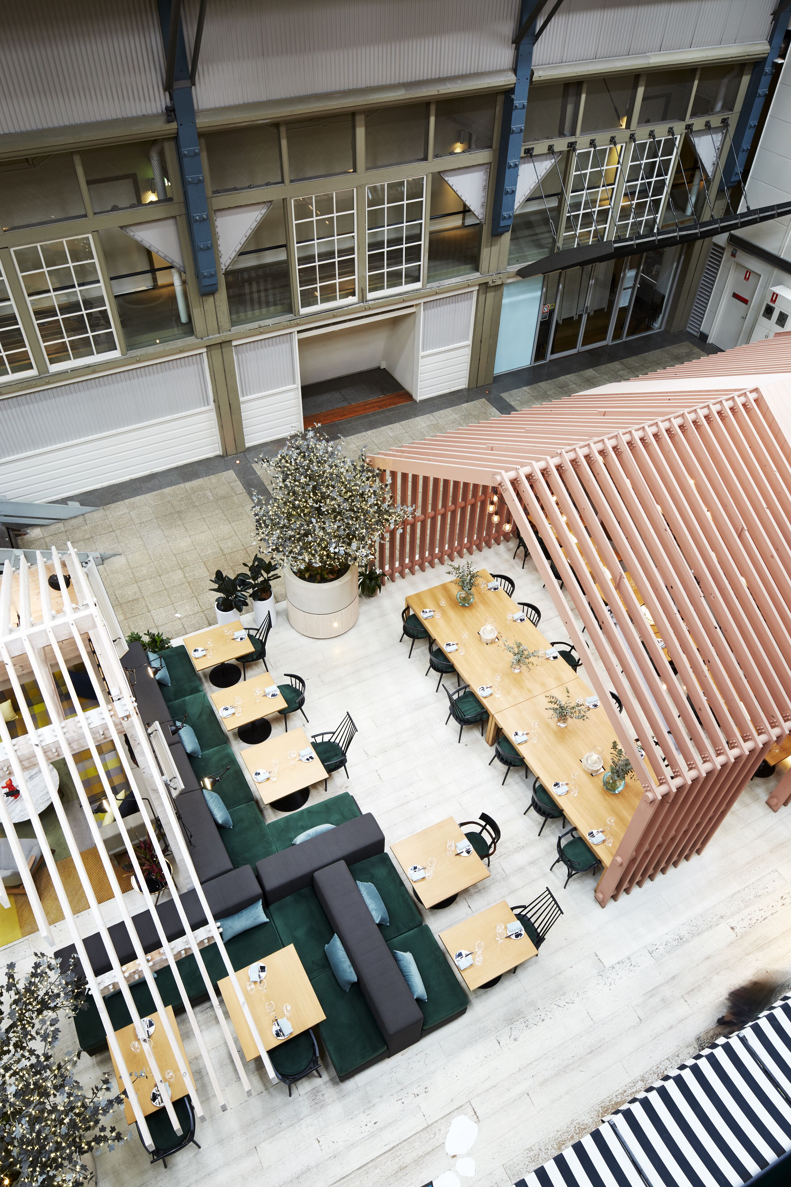 A multi-level indoor space with seating areas, tables, and a central plant.