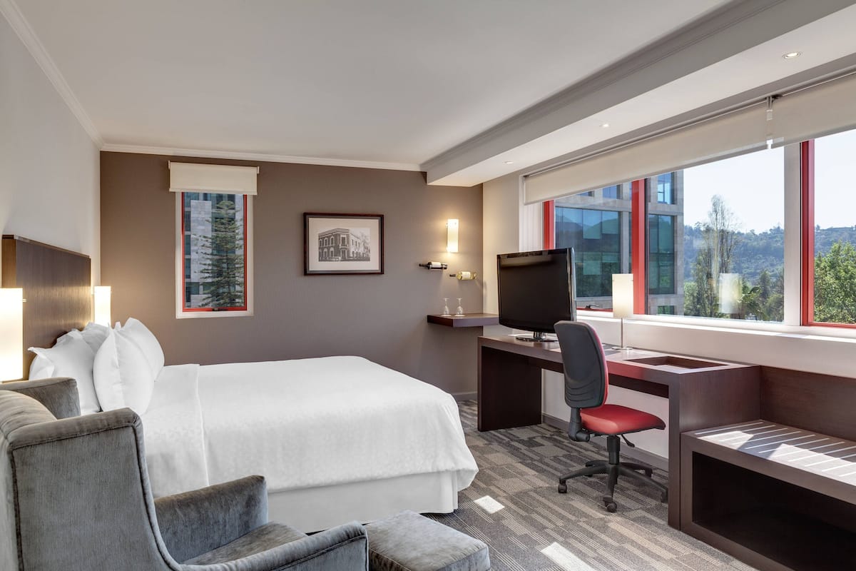 Een hotelkamer met een groot bed, een bureau met een computer, een stoel en uitzicht op de omgeving.