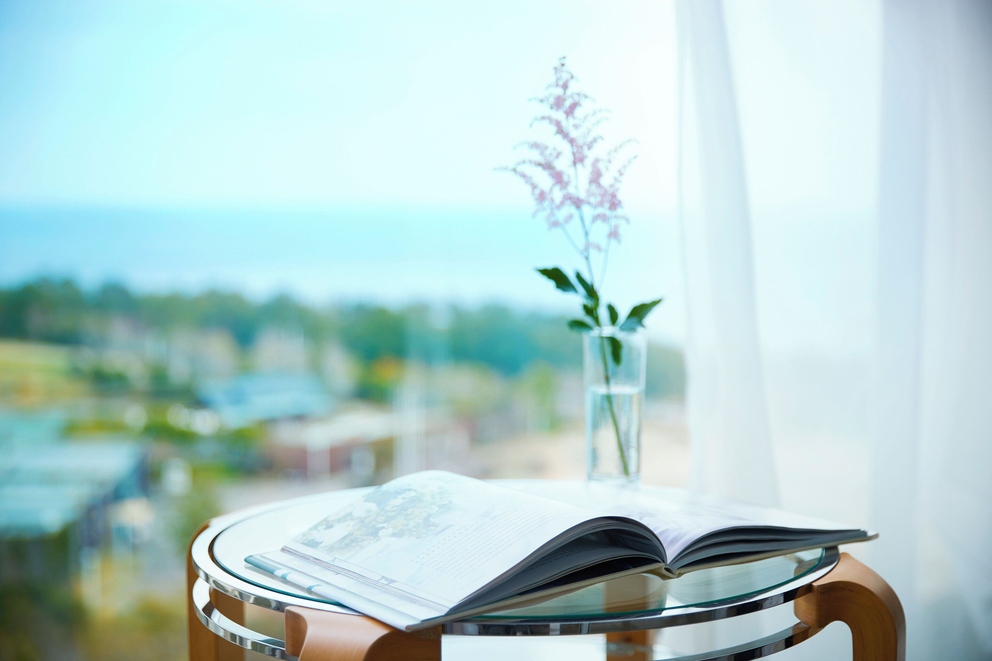 Una mesa de vidrio con una revista abierta, un florero de vidrio transparente con una flor, y una vista de un paisaje urbano a través de una ventana.