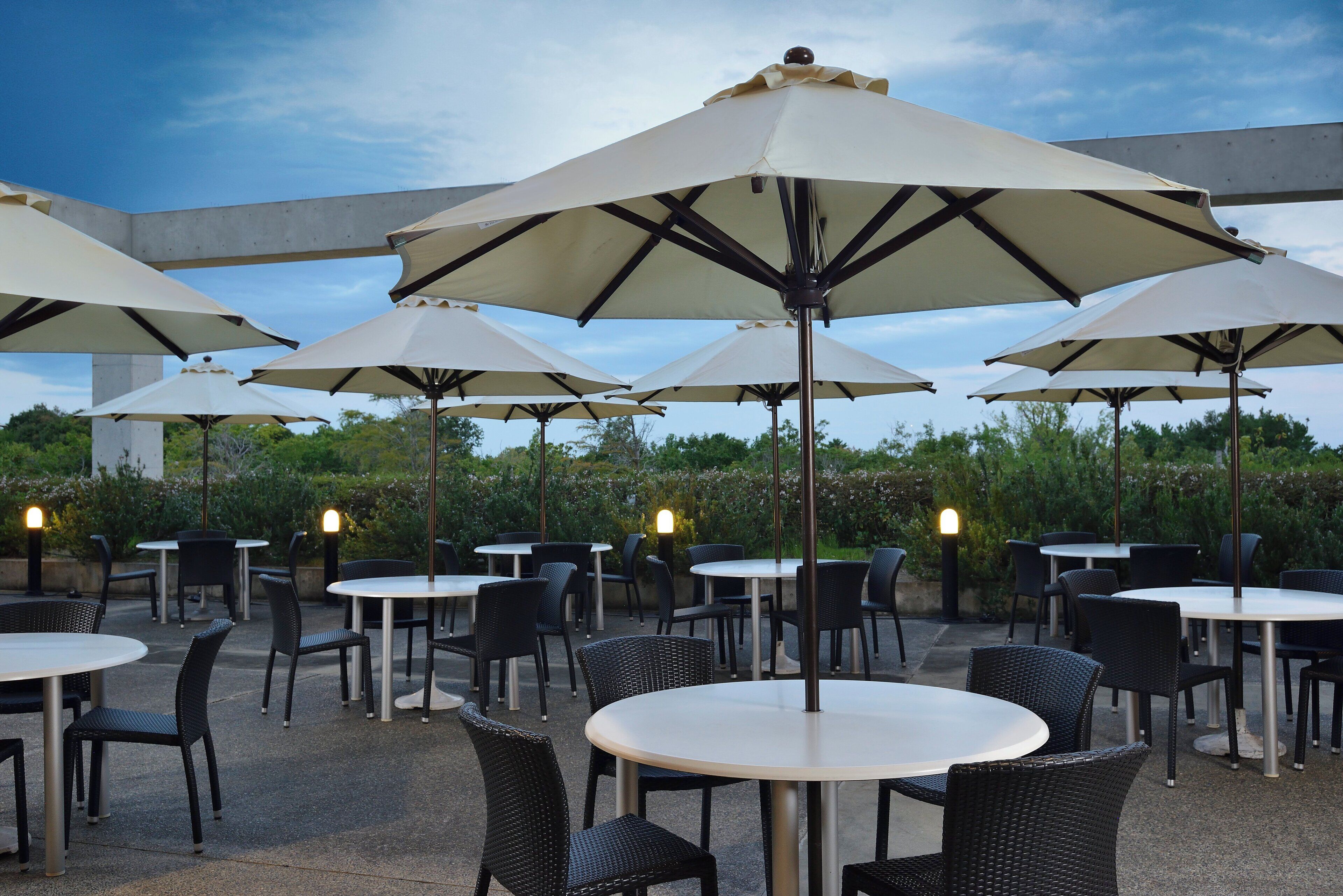An outdoor patio area with round tables and chairs, large umbrellas, and a view of greenery in the background.