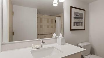 A bathroom with a white sink, a mirror, a framed picture on the wall, and a toilet.