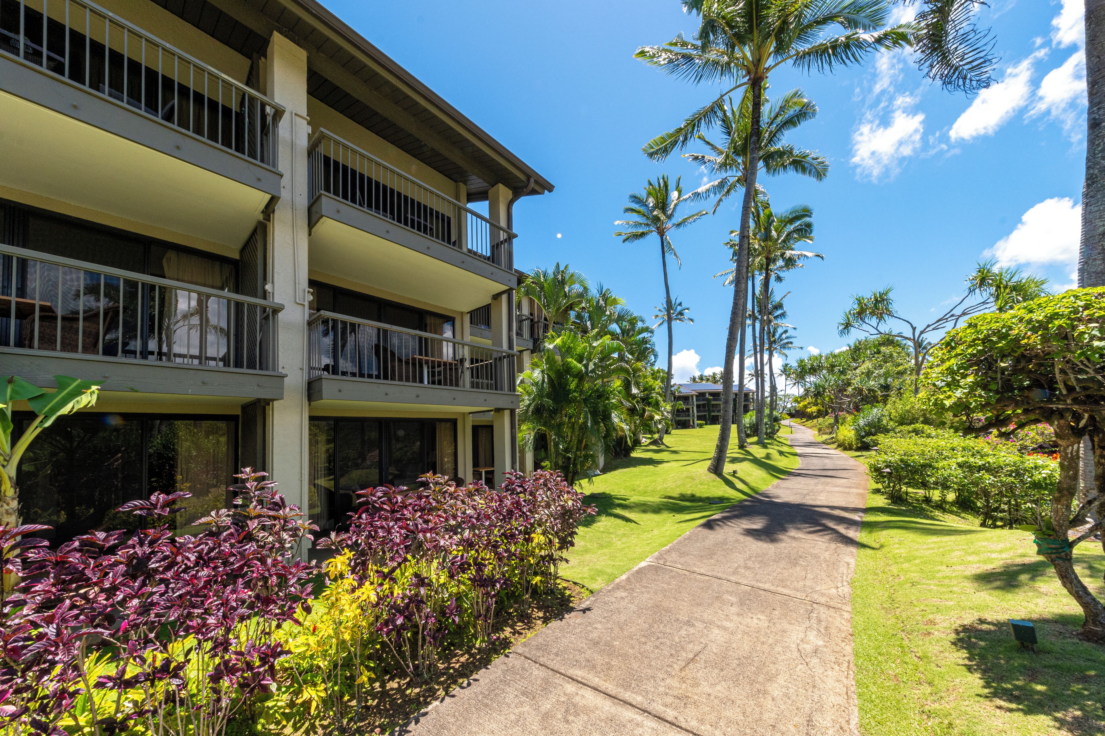 A multi-story hotel with balconies, surrounded by lush greenery and palm trees.