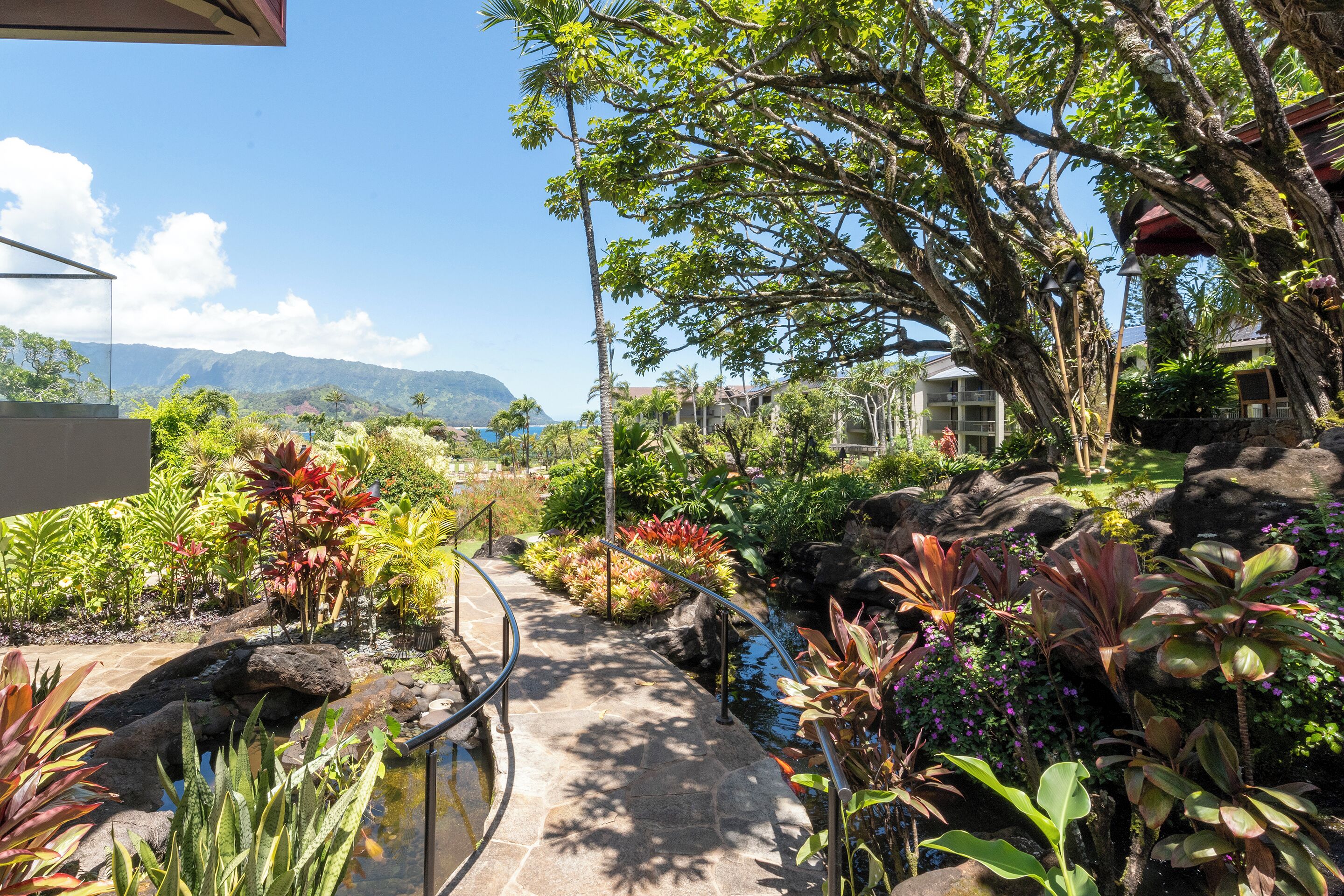 A garden pathway with a small stream, surrounded by various tropical plants and trees, leading to a building with a red roof.