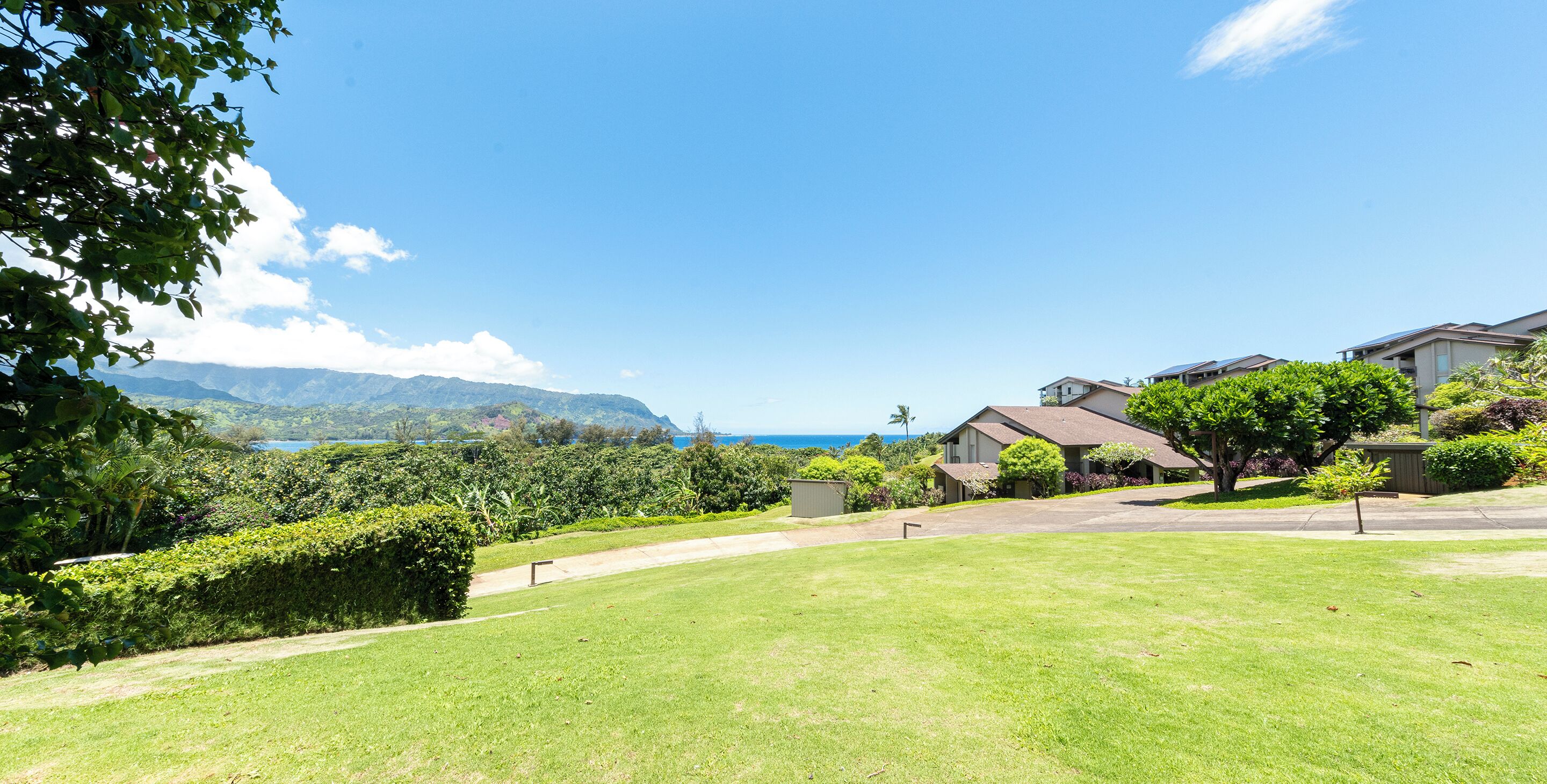 A residential area with houses, a well-maintained lawn, and a view of mountains and the ocean.