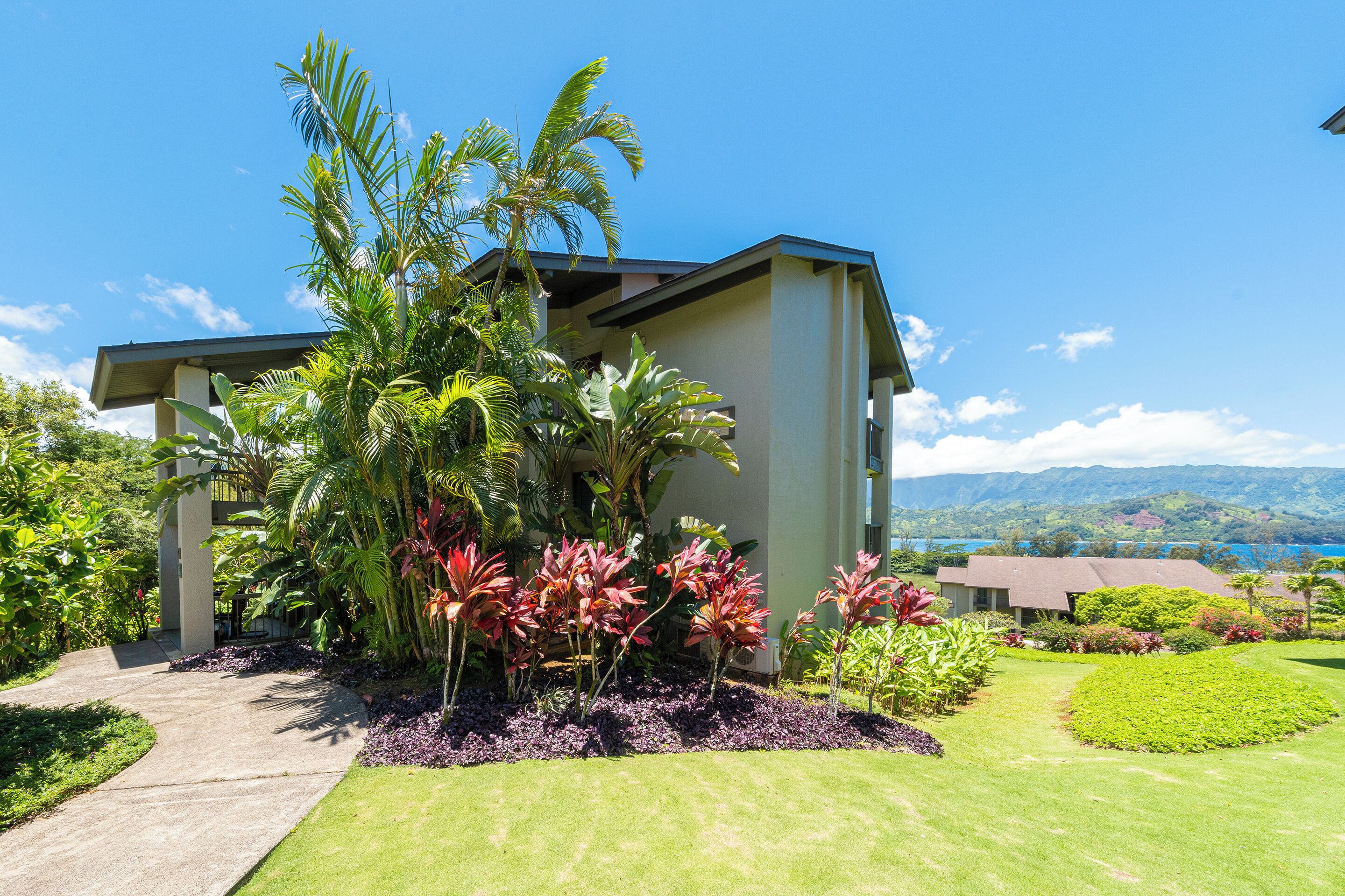 A modern house with a concrete pathway leading to the entrance, surrounded by lush tropical plants and a view of a lake and mountains in the background.