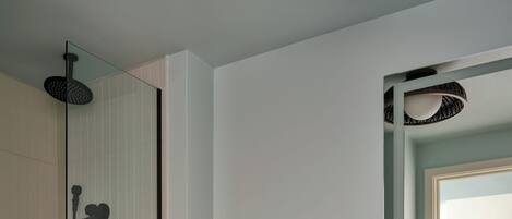A modern bathroom with a glass-enclosed shower, a white toilet, and a wooden vanity with a mirror.