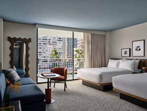 Luxe Two Queens with Sleeper Sofa | Premium bedding, pillow-top beds, in-room safe, laptop workspace