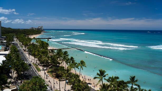 A coastal cityscape with a beach, palm trees, and a clear blue sky. - Aqua Aloha Surf Waikiki (Honolulu)