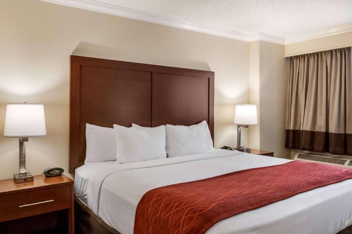 A hotel room with a large bed, two bedside tables, lamps, a red throw blanket, and a window with curtains.