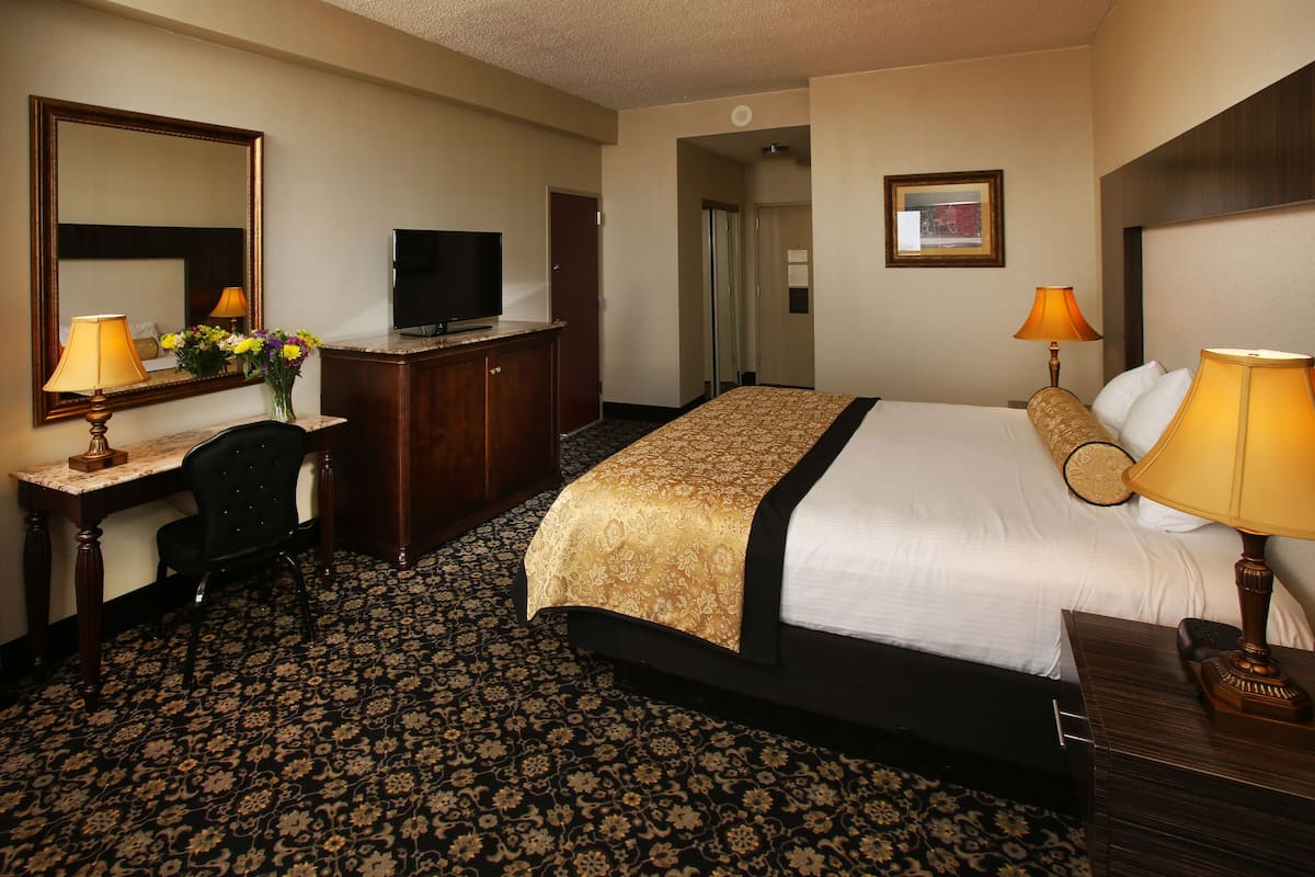A hotel room with a large bed, a desk with a chair, a television, and a mirror.