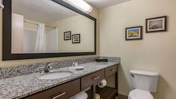 A bathroom with a granite countertop sink, a mirror, a toilet, and two framed pictures on the wall.