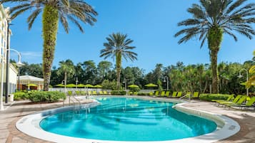 Outdoor pool, pool umbrellas, pool loungers