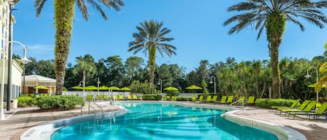 Outdoor pool, pool umbrellas, sun loungers