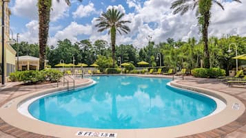 Outdoor pool, pool umbrellas, pool loungers