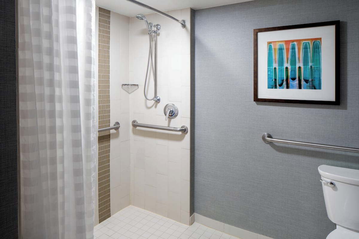 room, 1 king bed, accessible (shower) | bathroom | designer toiletries, hair dryer, towels, soap