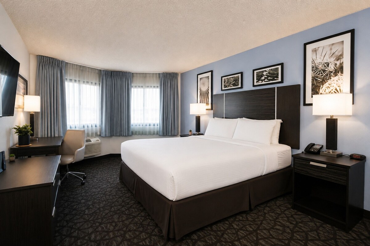 Een hotelkamer met een groot bed, een bureau, een stoel, een bureaulamp, een nachtkastje met telefoon en een televisie aan de muur.