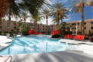 Seasonal outdoor pool, sun loungers