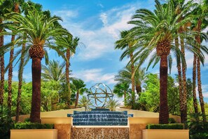 A water feature with cascading steps surrounded by palm trees.
