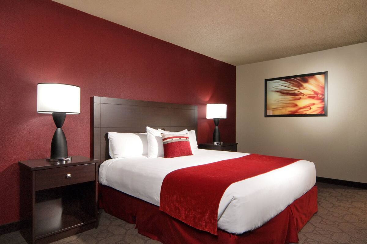 A hotel room with a large bed, two bedside tables with lamps, a red and white bedspread, and a painting on the wall.