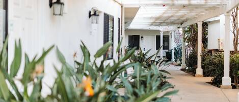 A covered walkway with white walls and black shutters, leading to a building entrance.