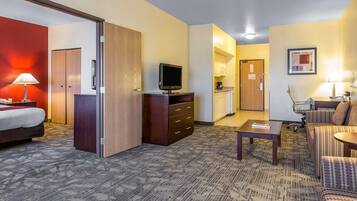 A hotel room with a bed, a TV, a desk, a chair, a sofa, a wardrobe, and a kitchenette.
