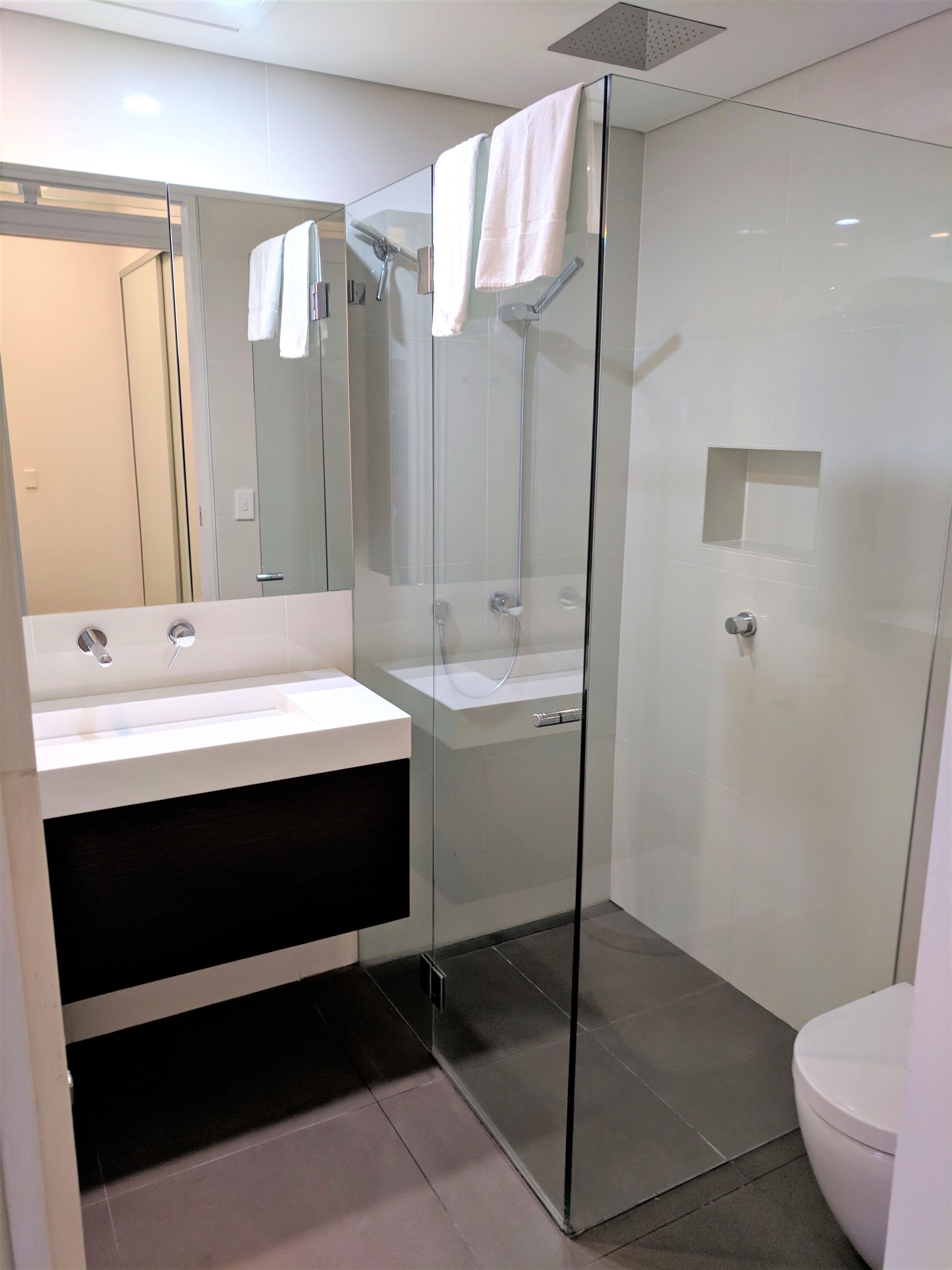 Un baño moderno con ducha envuelta en cristal, un lavamanos blanco y un espejo grande.