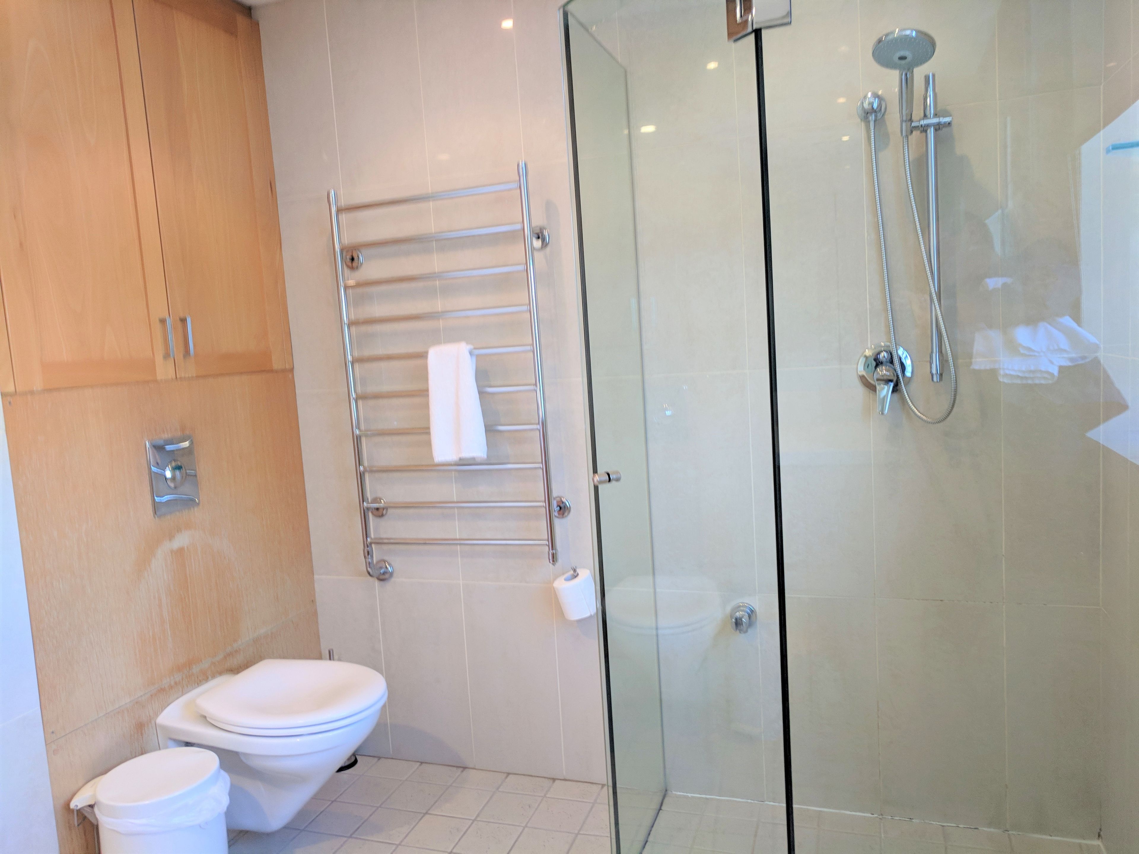 Un baño moderno con ducha envuelta en vidrio, inodoro blanco y toallero.