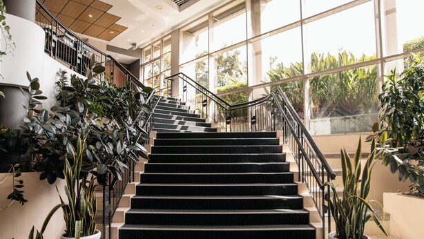 A staircase with black steps and metal railings, surrounded by potted plants. - Mercure Sydney Parramatta (Rosehill)