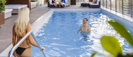 Outdoor pool, open 5:00 AM to 7:00 PM, sun loungers