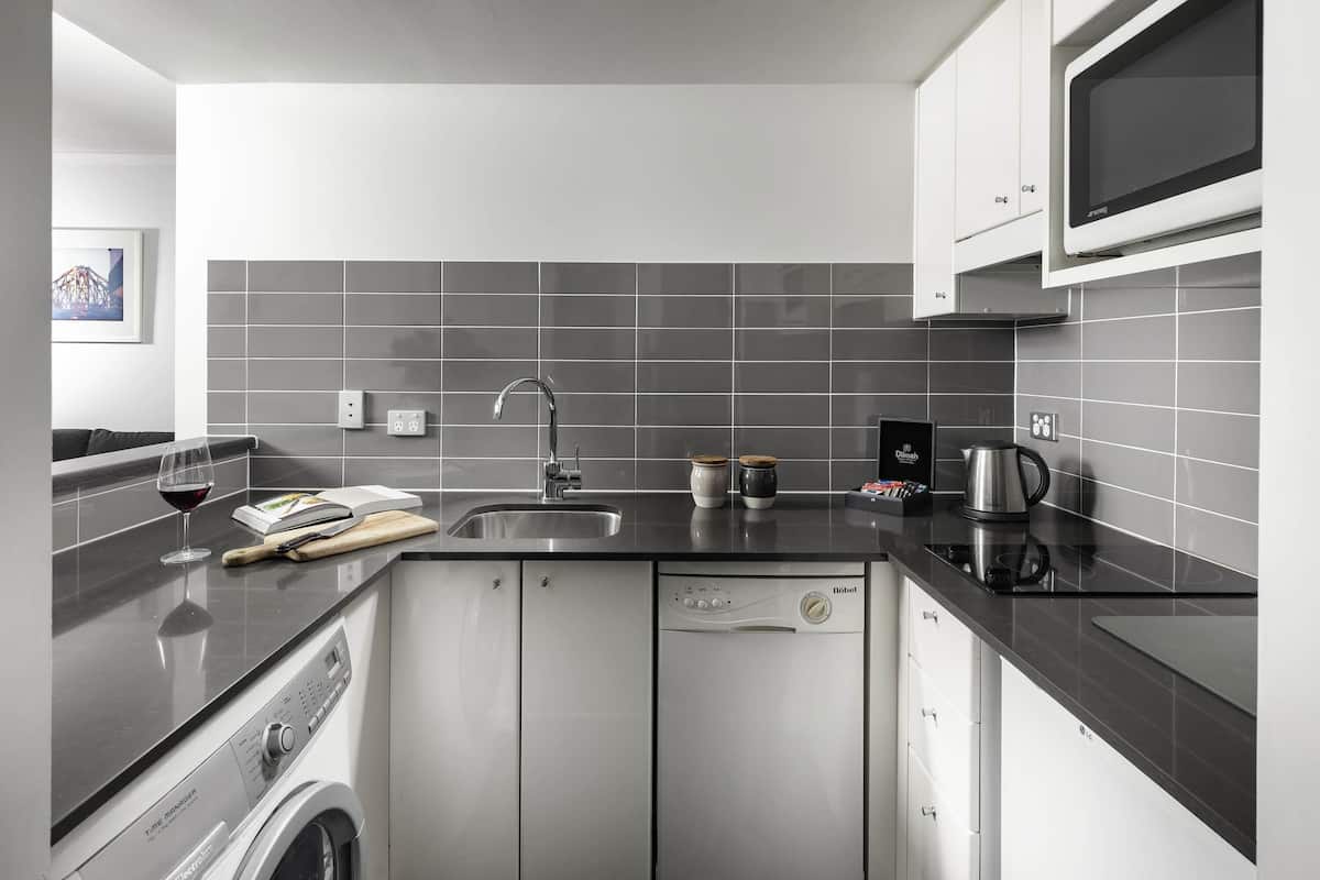 Minibar, desk, laptop workspace, blackout curtains
