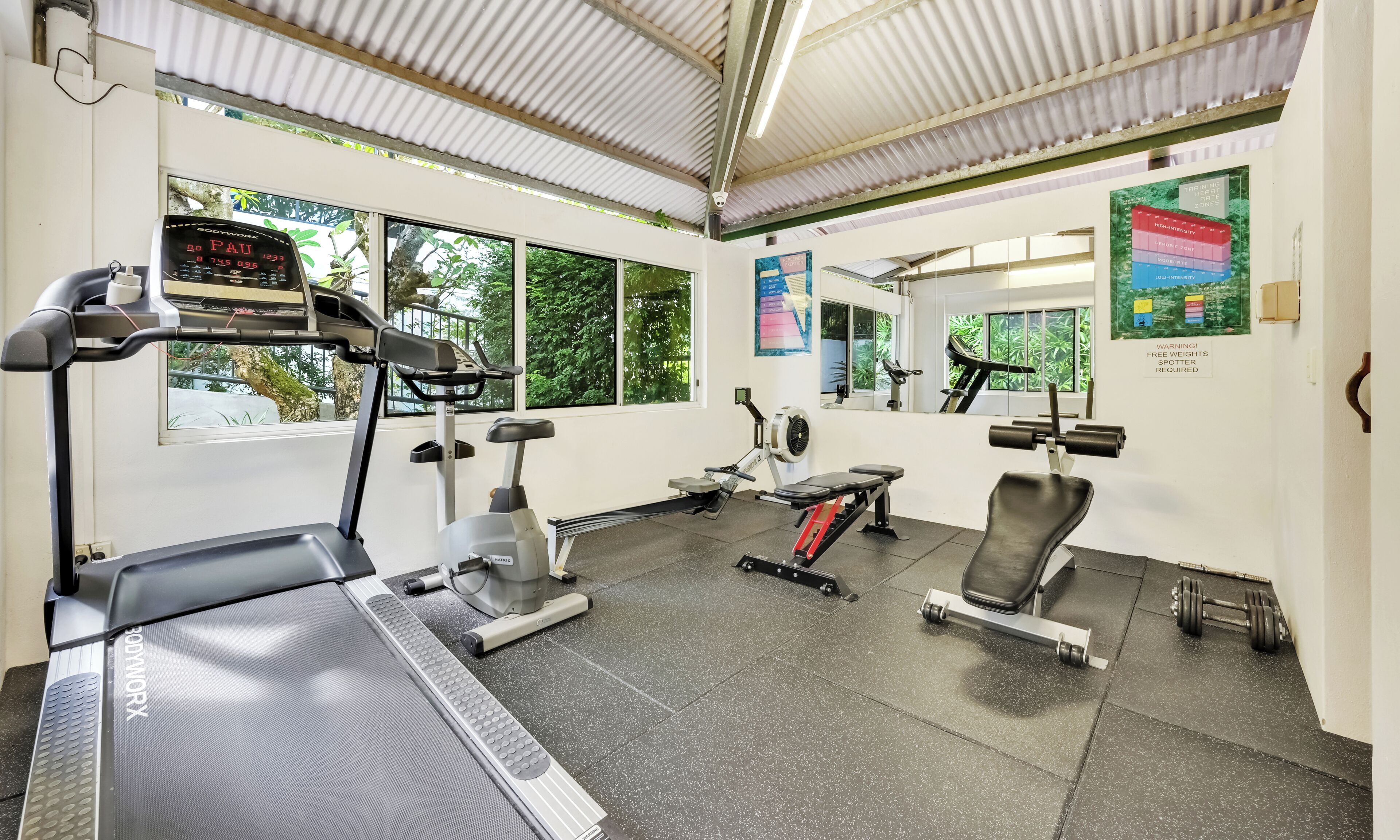 A gym with treadmills, an elliptical, a rowing machine, and free weights.