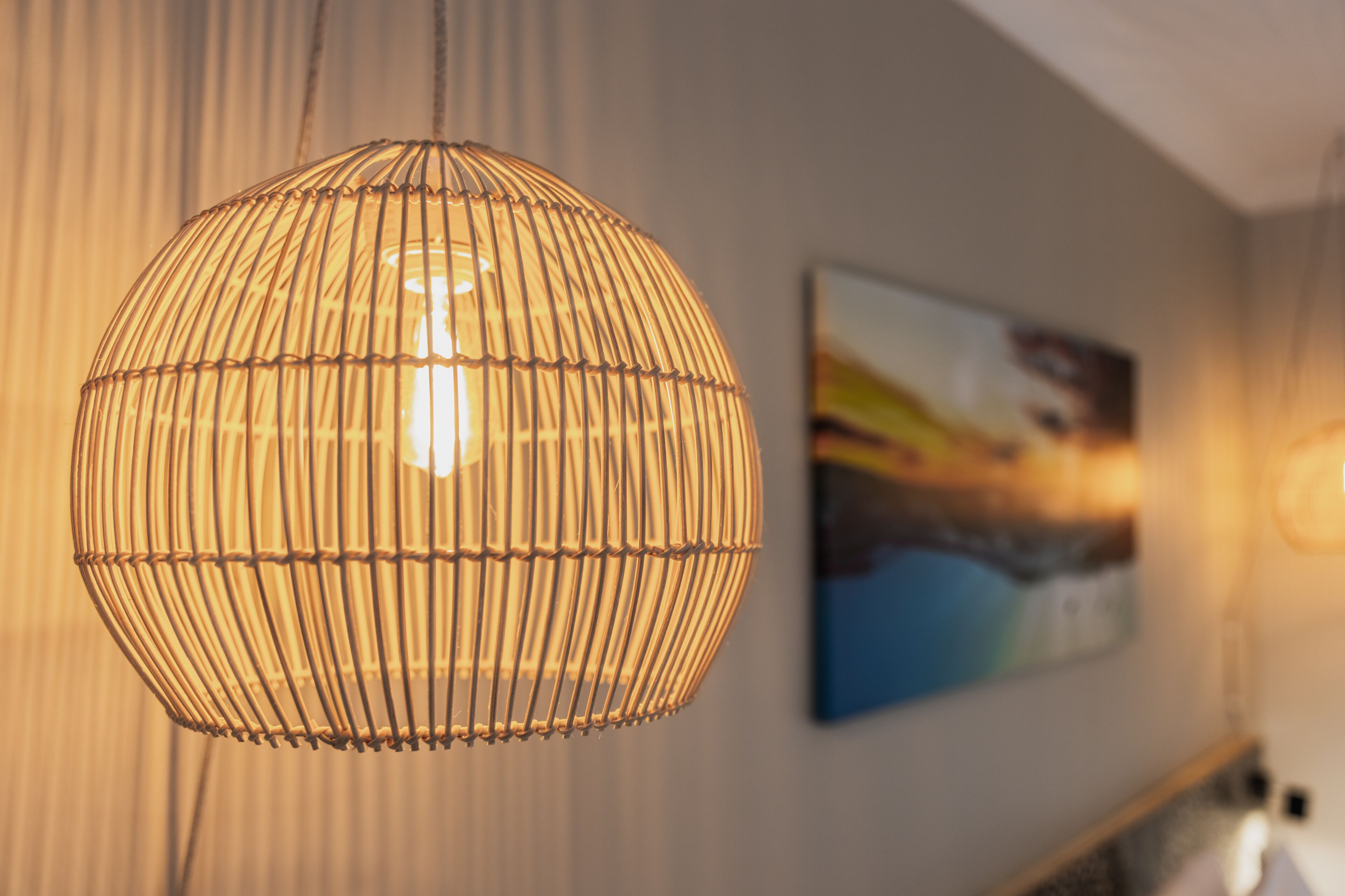 Een hanglamp met een geweven ontwerp, een inlijstbaar schilderij aan de muur en een wit plafond.
