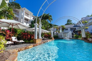 2 outdoor pools, pool umbrellas, pool loungers