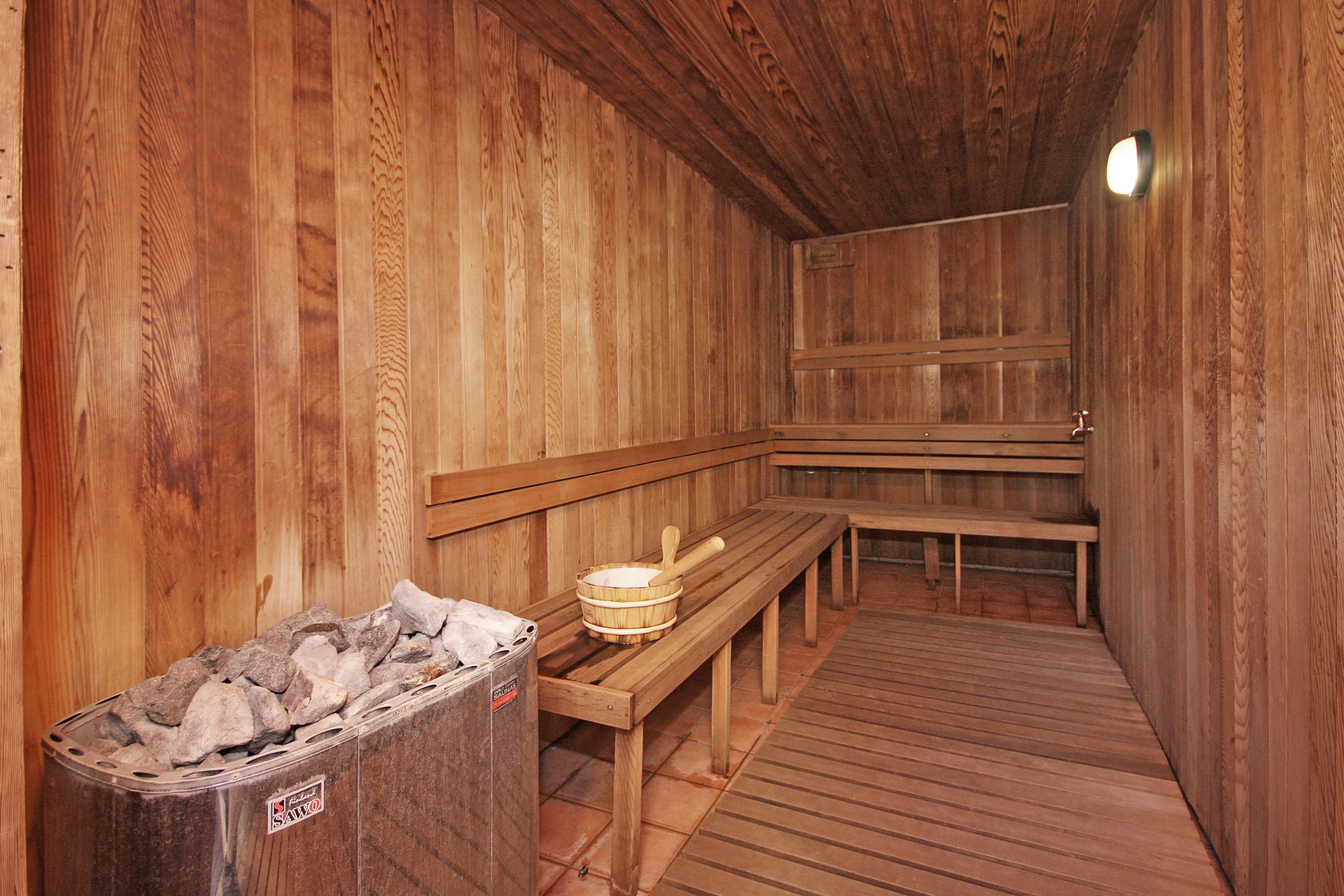 Un sauna avec des bancs en bois et un bassin en pierre.