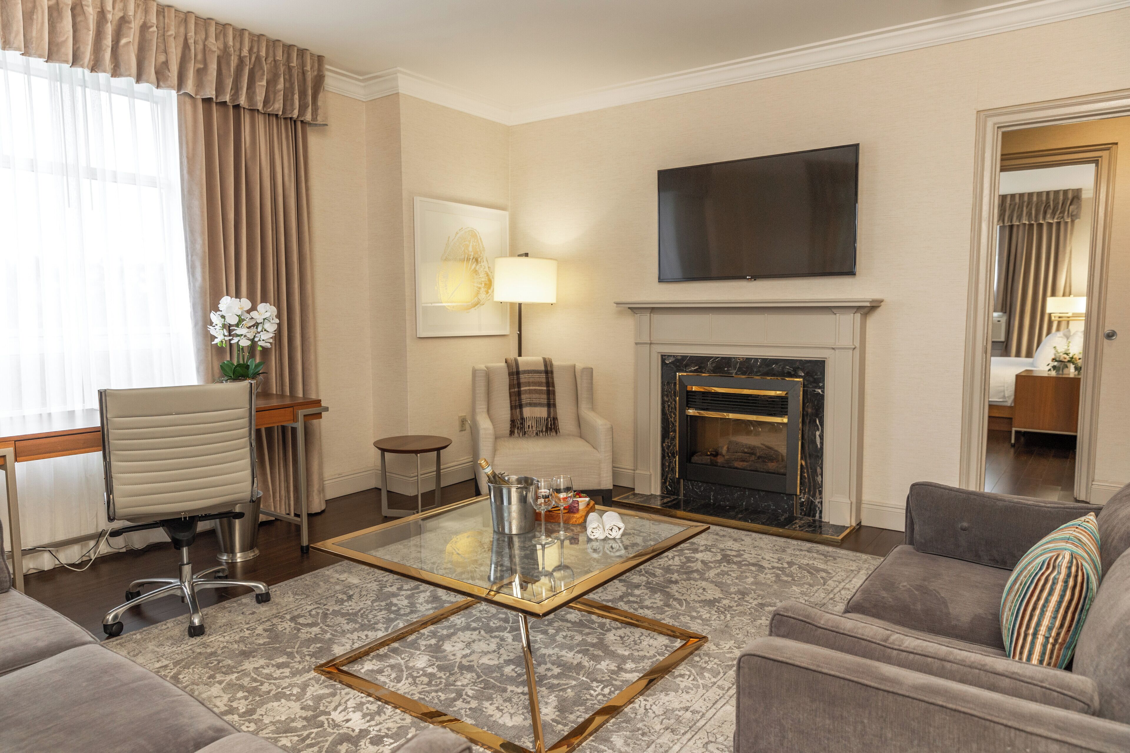 premium suite, park view | living area | 46-inch led tv with cable channels, tv, pay films