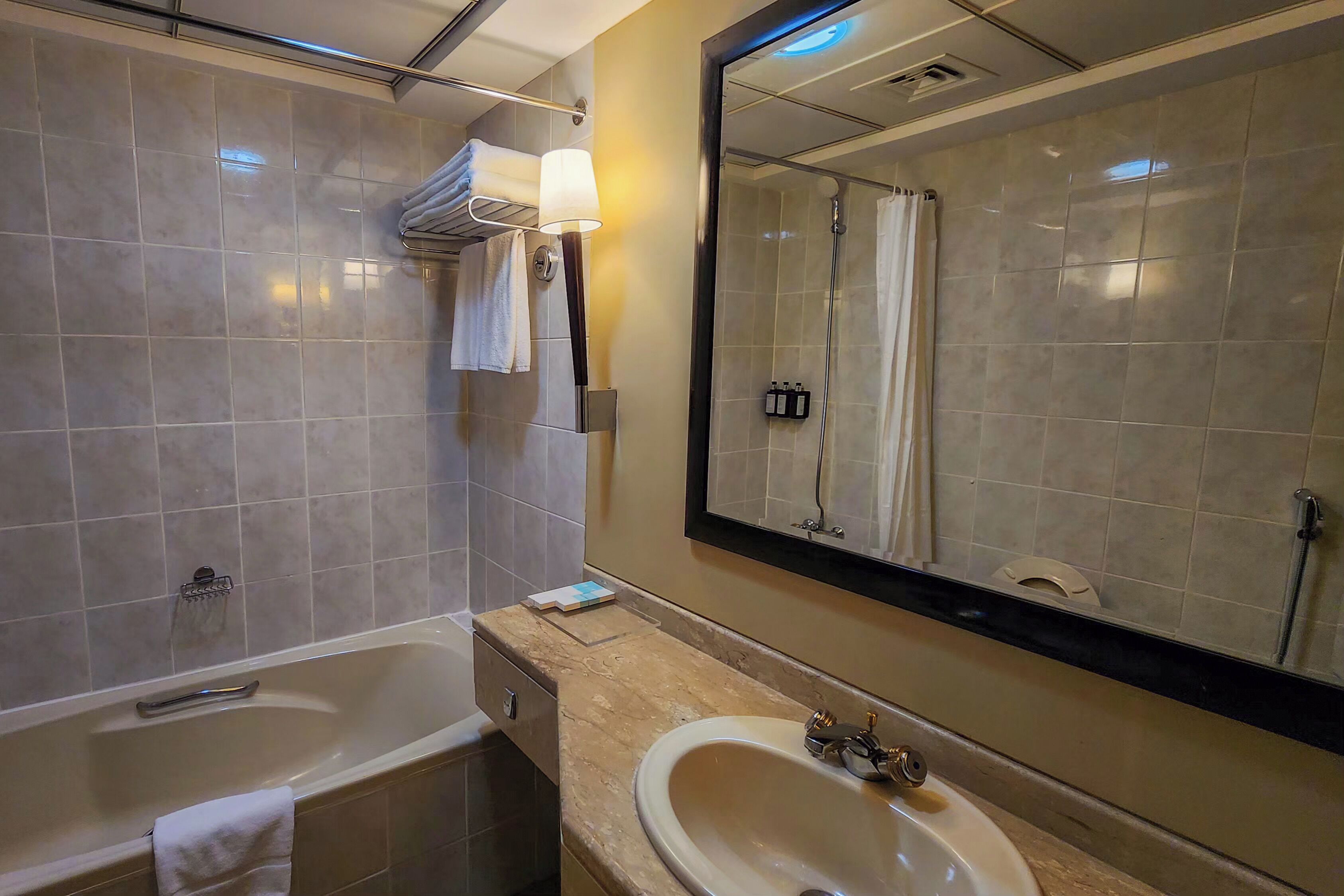 A modern bathroom with a bathtub, a sink, a mirror, and a shower.
