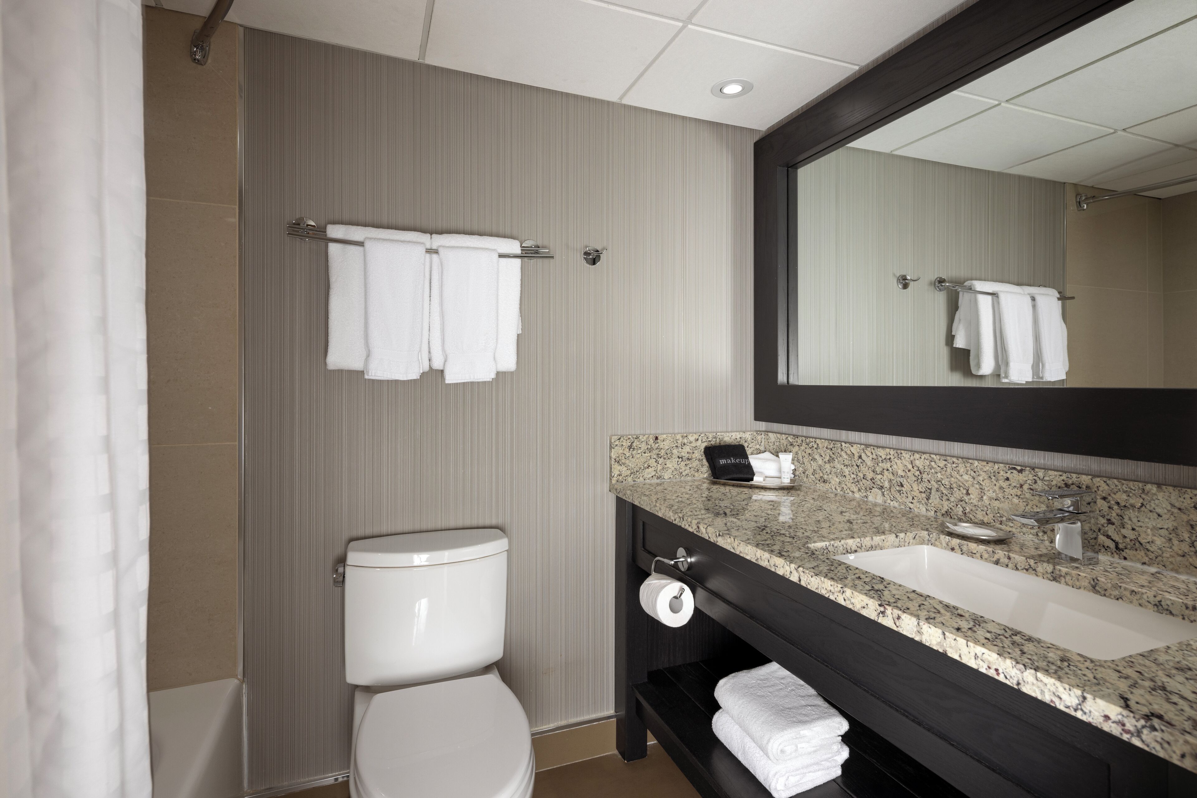 A bathroom with a toilet, a sink with a granite countertop, and a mirror above the sink.