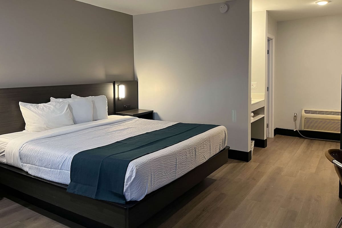 Una habitación de hotel moderna con una cama grande, una mesita de noche con lámpara, un calentador integrado y un pequeño rincón de descanso con una silla.