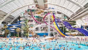 Un grand parc aquatique intérieur doté de nombreux toboggans et de plusieurs piscines.