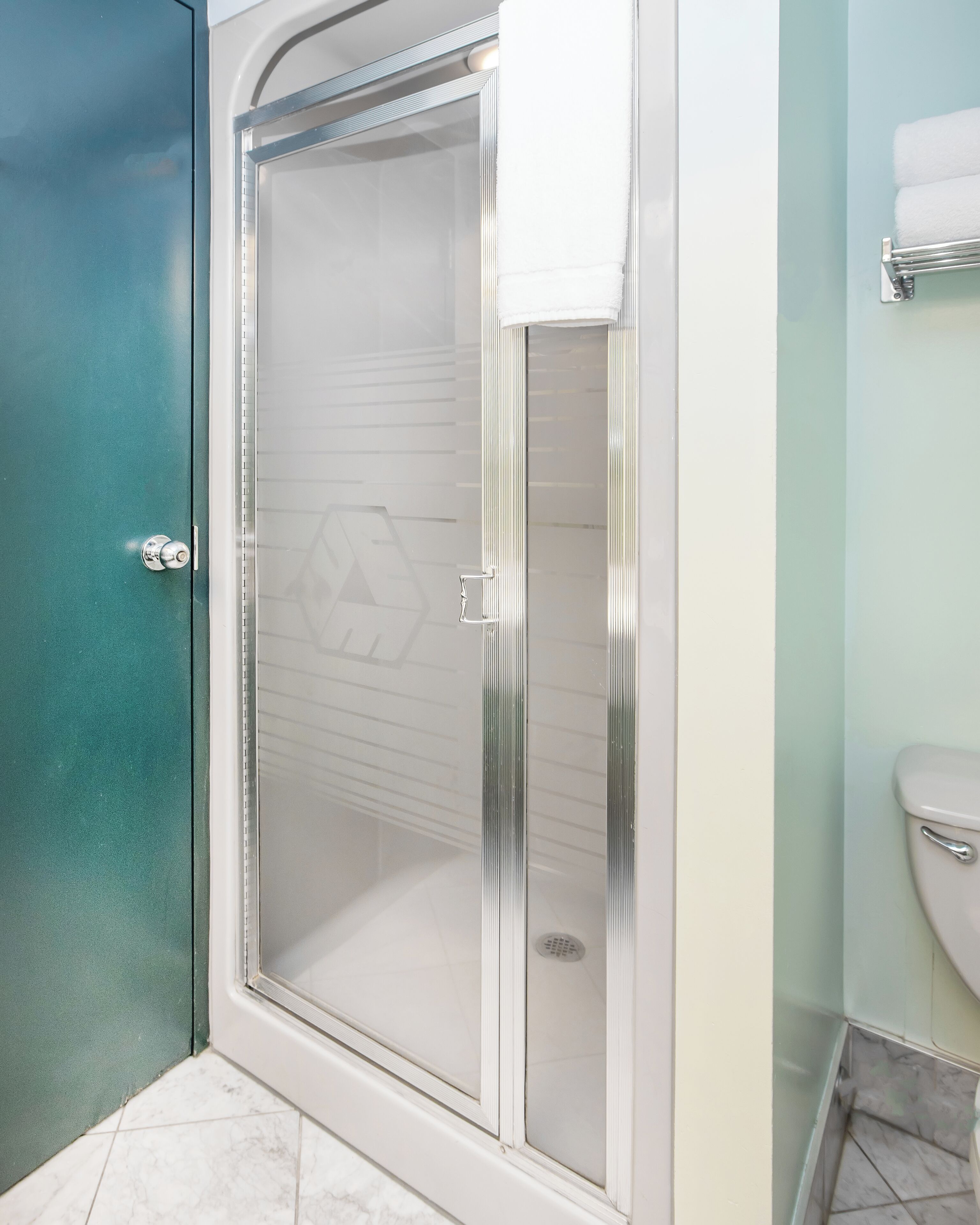 Une salle de bain avec une douche à parois de verre, des toilettes et un porte-serviettes.