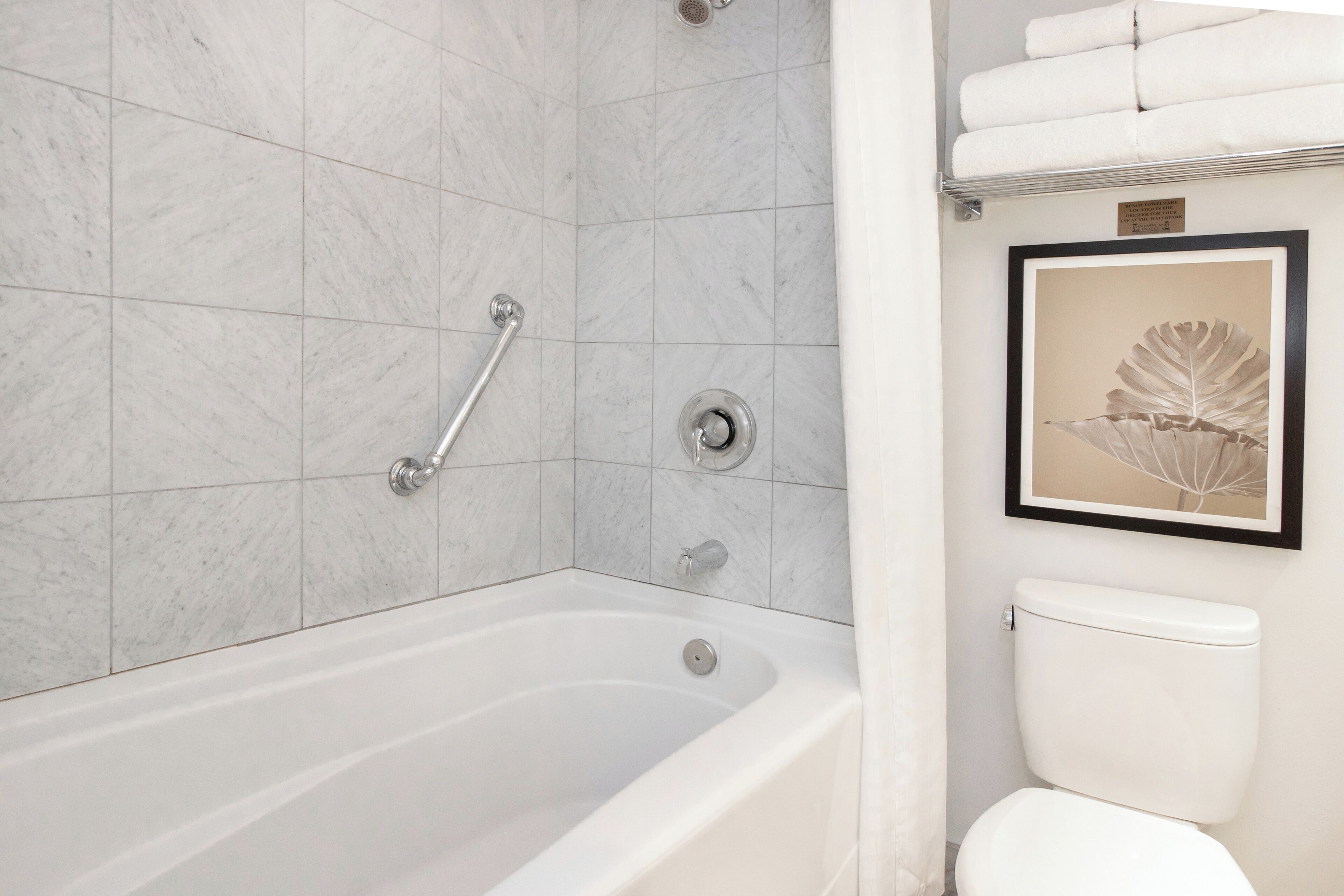 Un baño con bañera, inodoro y una obra de arte enmarcada en la pared.