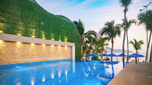 Una piscina con un muro verde y palmeras al fondo.