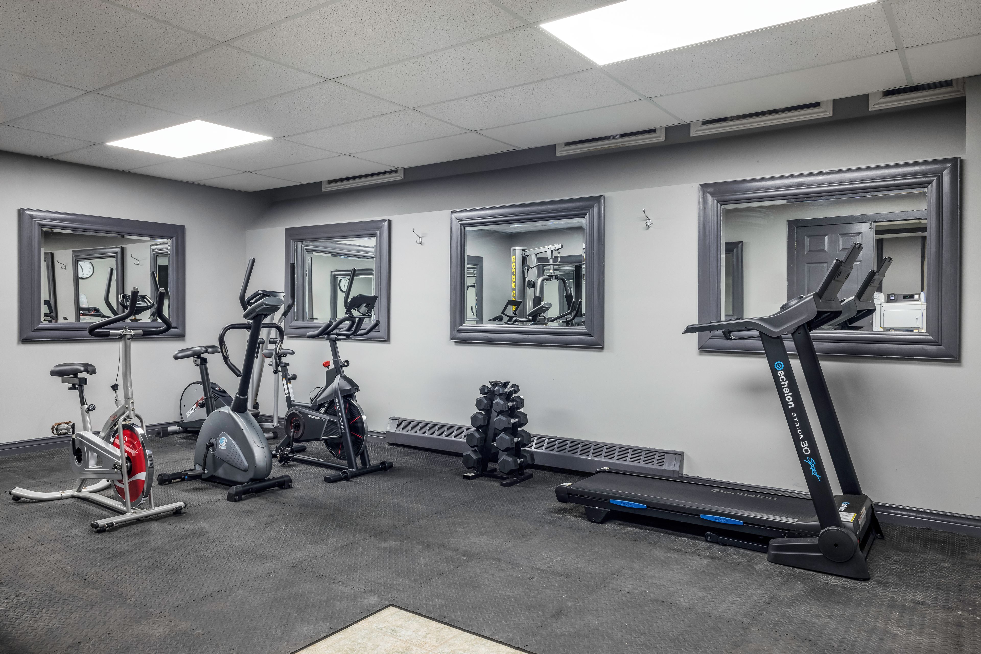 A gym with exercise equipment, mirrors, and a patterned floor.