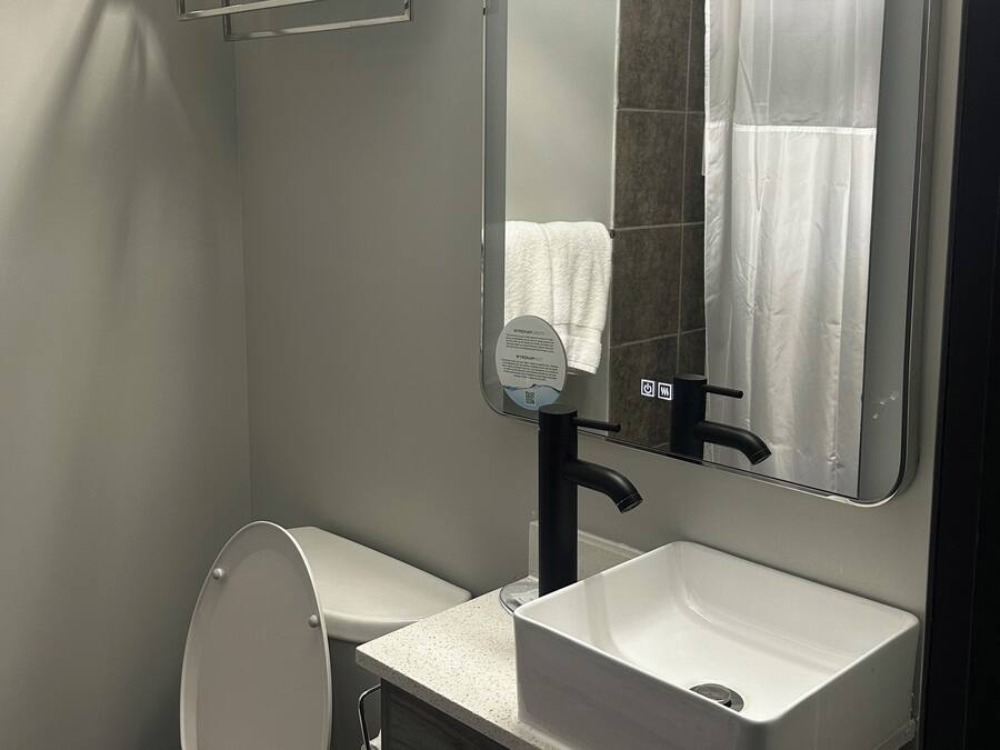 A modern bathroom with a toilet, sink, and mirror.