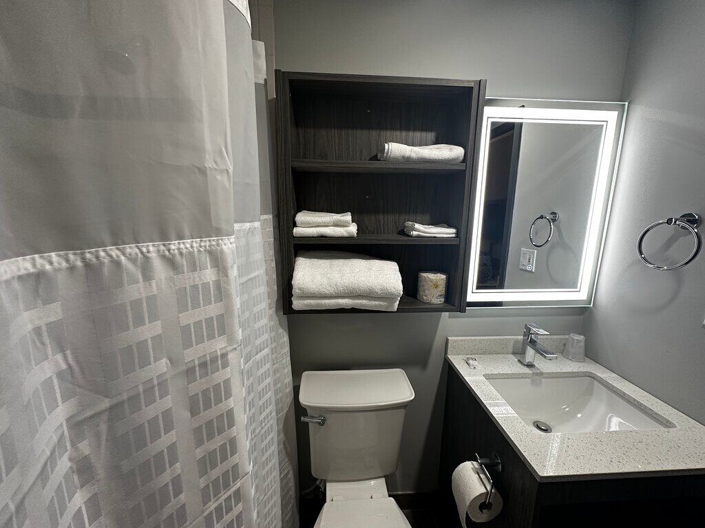 A bathroom with a toilet, sink, and shelves with towels.