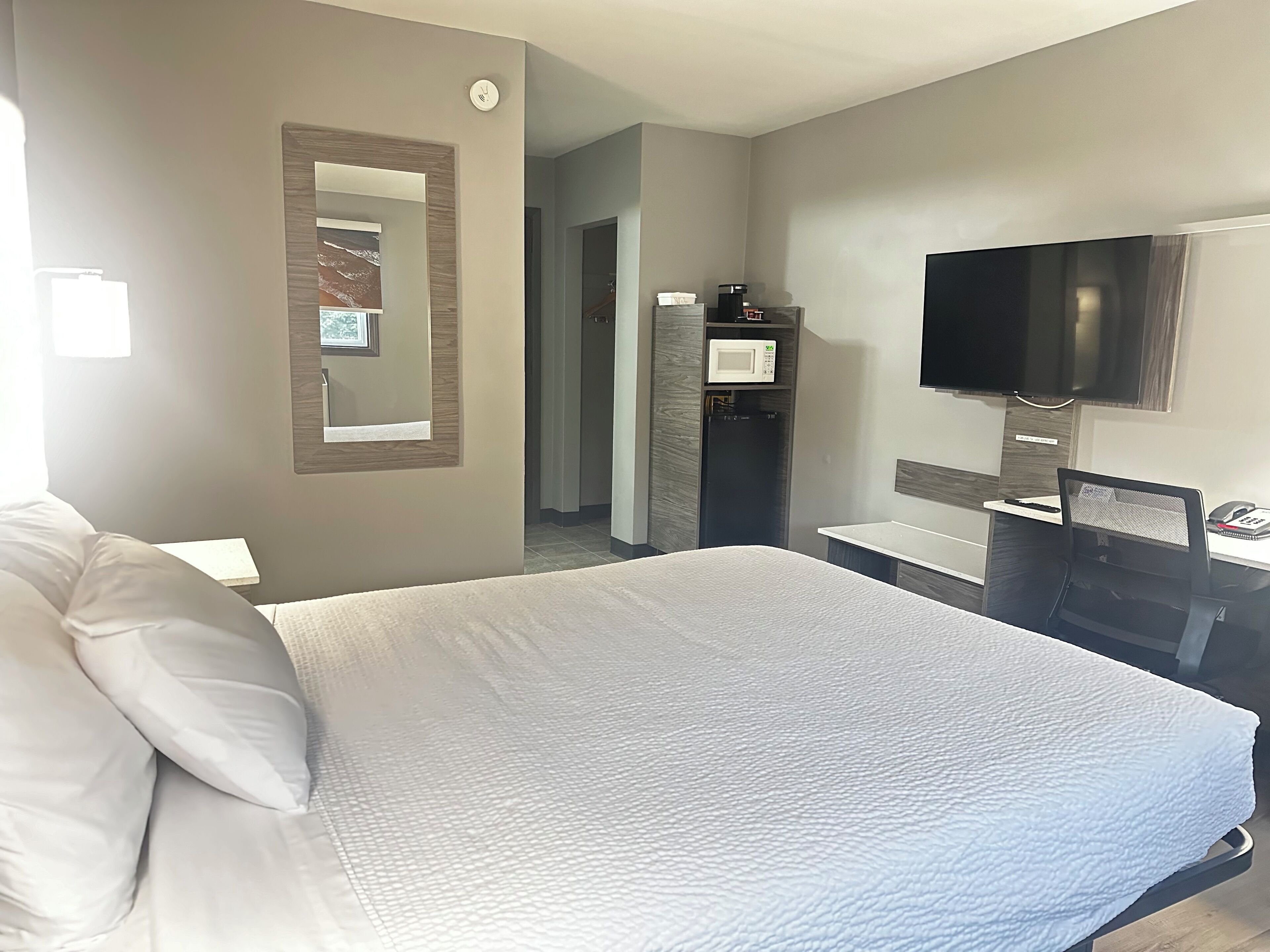 A hotel room with a large bed, a desk with a chair, a microwave, and a television.