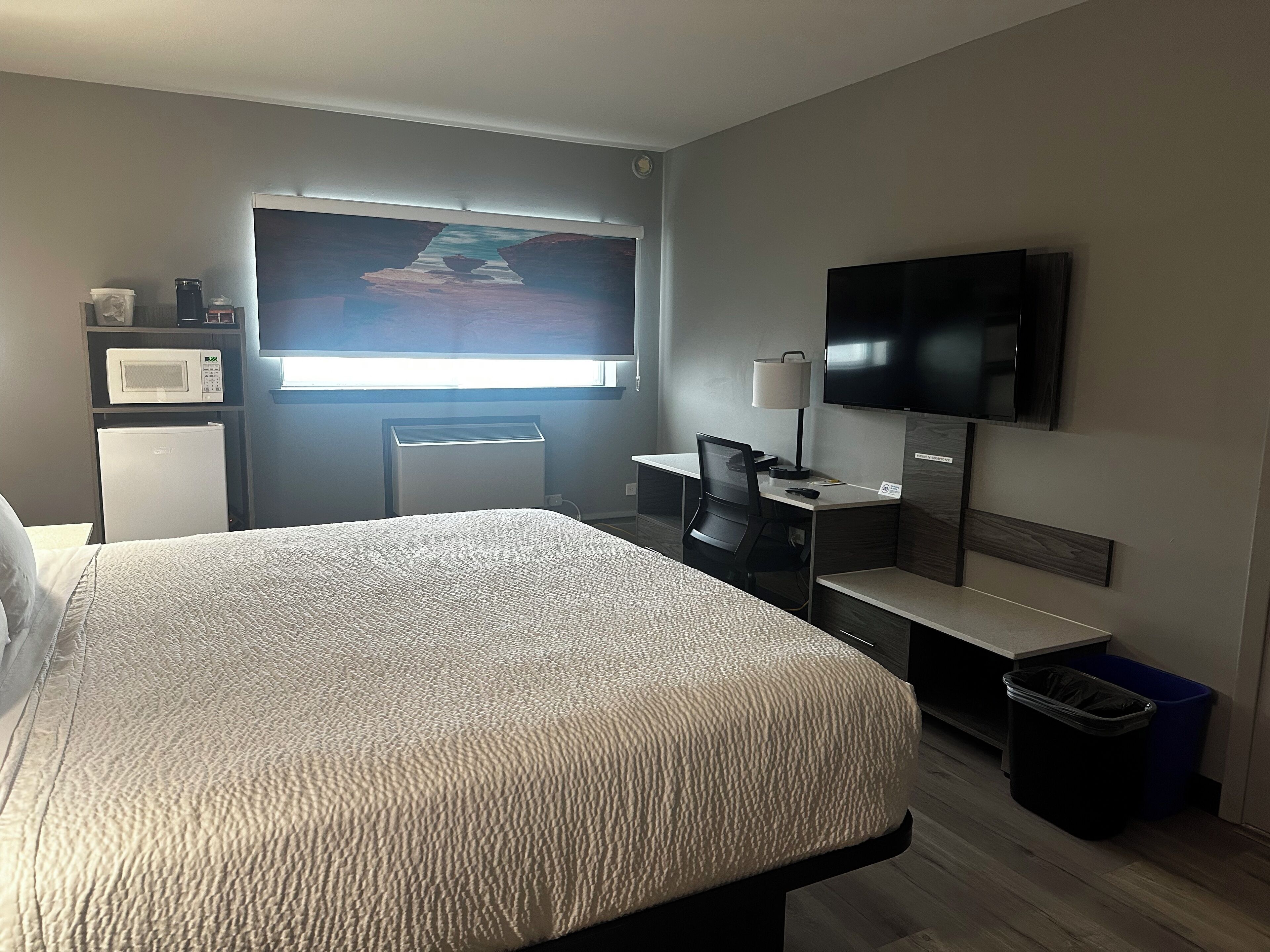 A hotel room with a bed, a desk, a TV, a microwave, and a window.