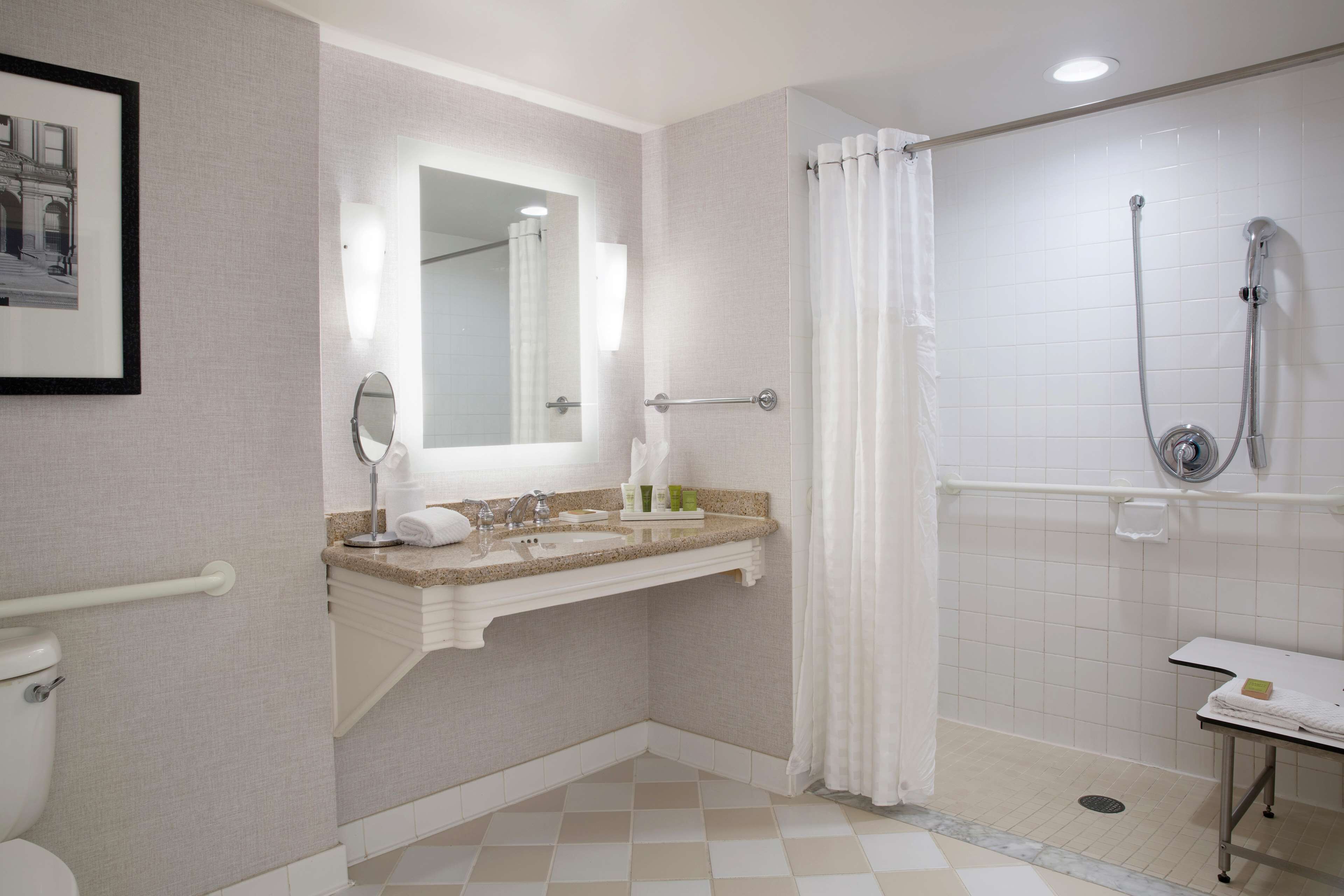Een badkamer met toilet, wastafel, spiegel, douche en een lijst met een afbeelding aan de muur.