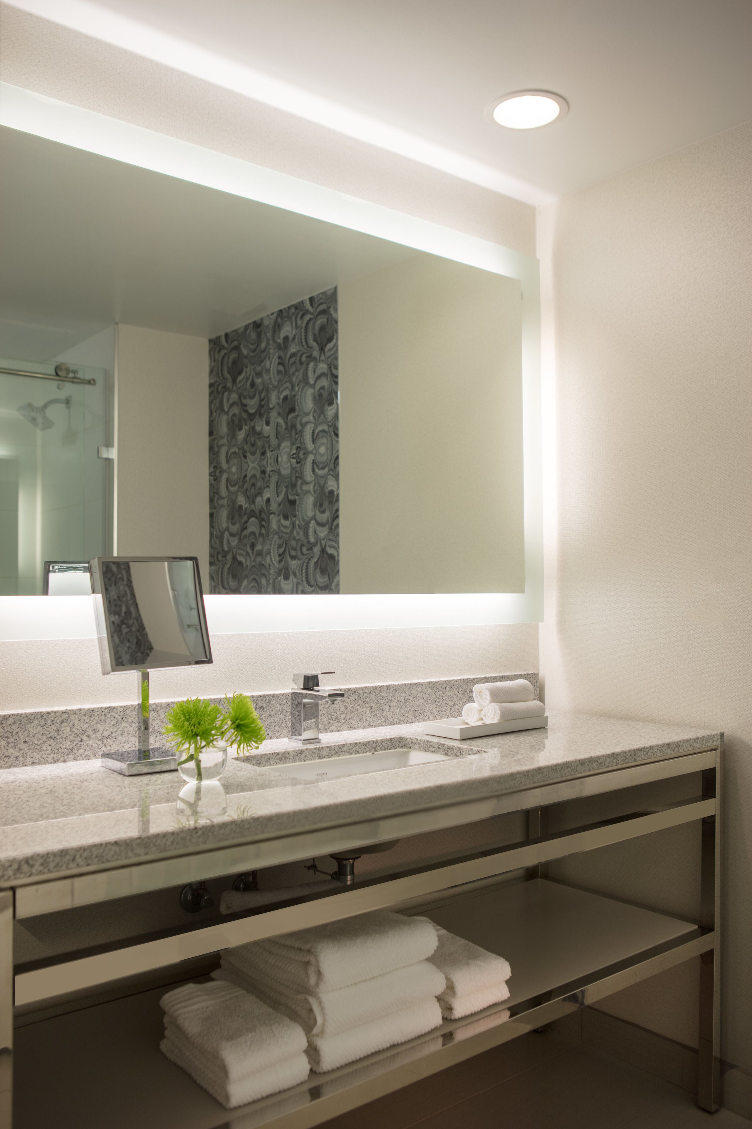 Un baño moderno con un espejo grande, una planta pequeña y toallas dobladas con cuidado sobre el mostrador.