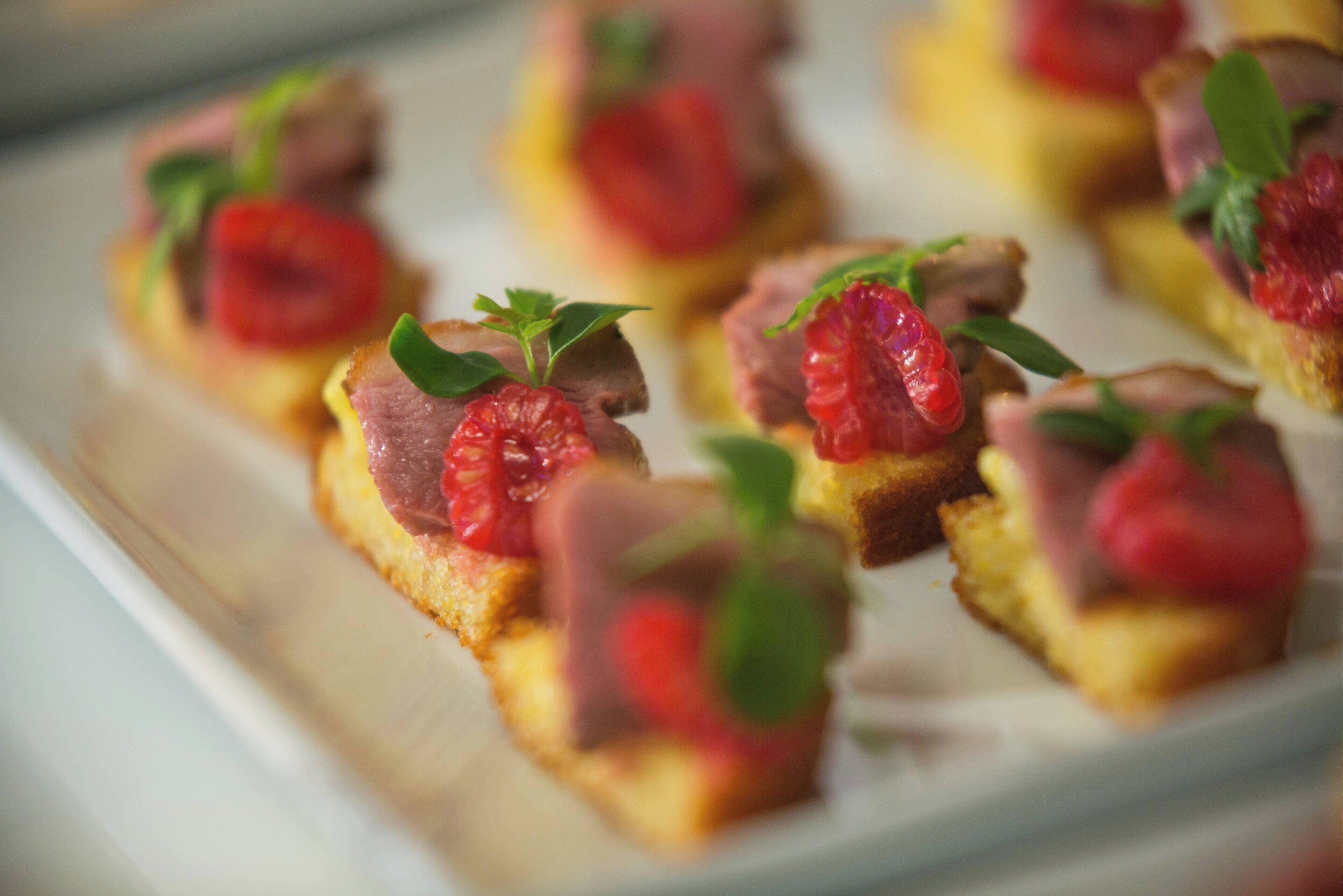 A tray of appetizers with meat and fruit garnishes.